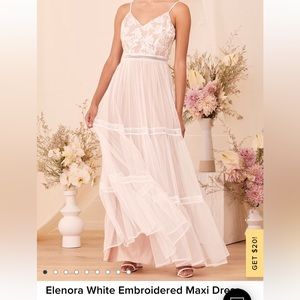 NWT Lulu’s Elenora White/Blush Embroidered Maxi Dress